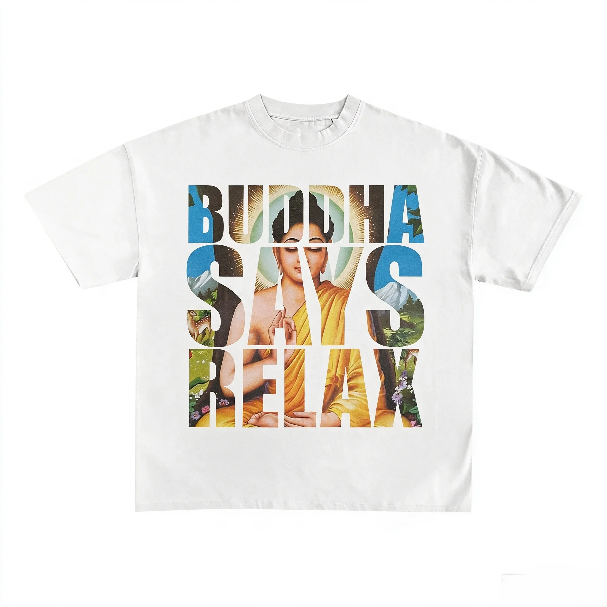 Punk Gothic Tops Y2K Crew Neck Clothing BUDDHA SAYS RELAX Print Tops Retro Casual T-shirt  Letter Hip Hop Street Wear Unisex
