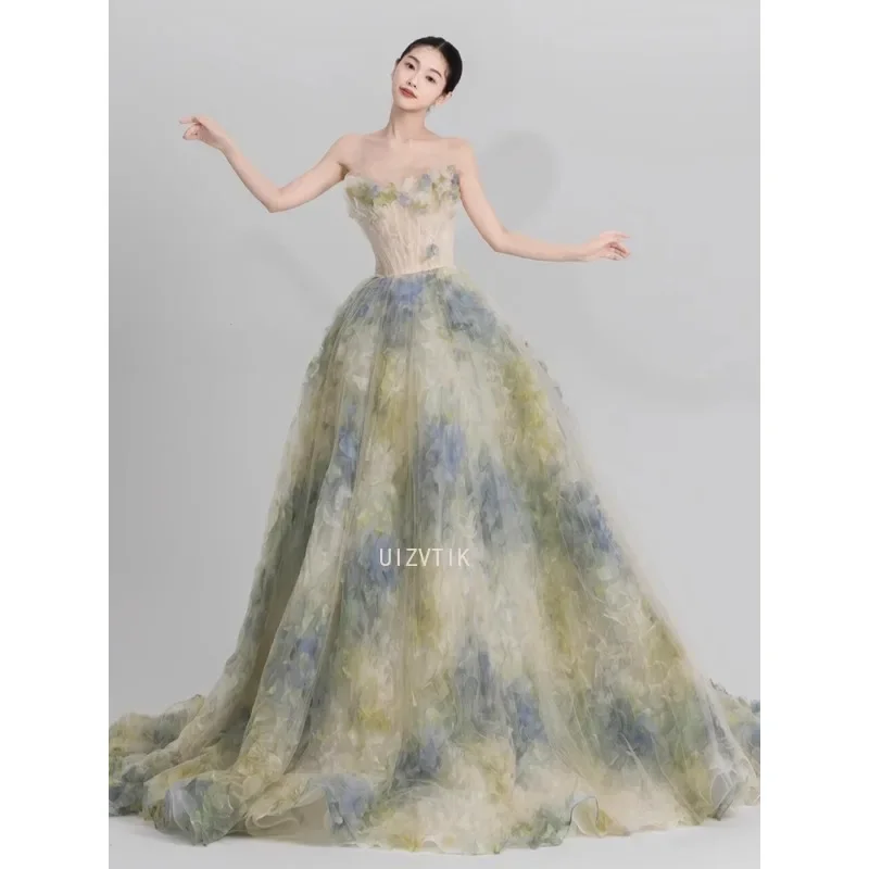 Vestido de novia sin tirantes con flores en 3D de estilo coreano, elegante corte en A, largo Floral azul, vestidos de noche para fiesta, nuevos vestidos de novia para mujer