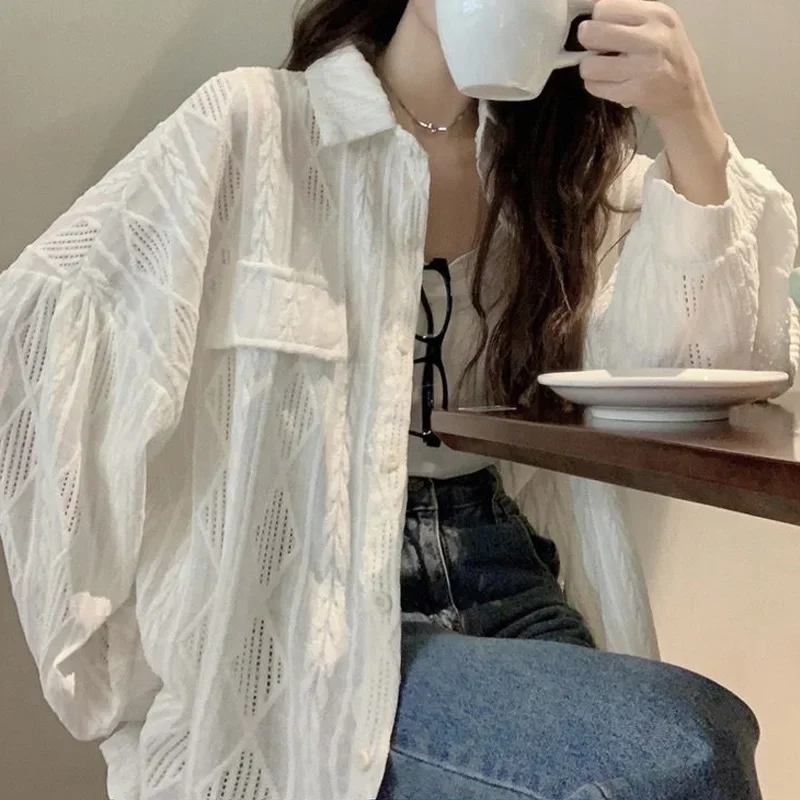 White Hollow Out Ladies Tops Office Lady Solid Color Shirts Summer Young Style Blouses 2024 New Interior Lapping Women Z375