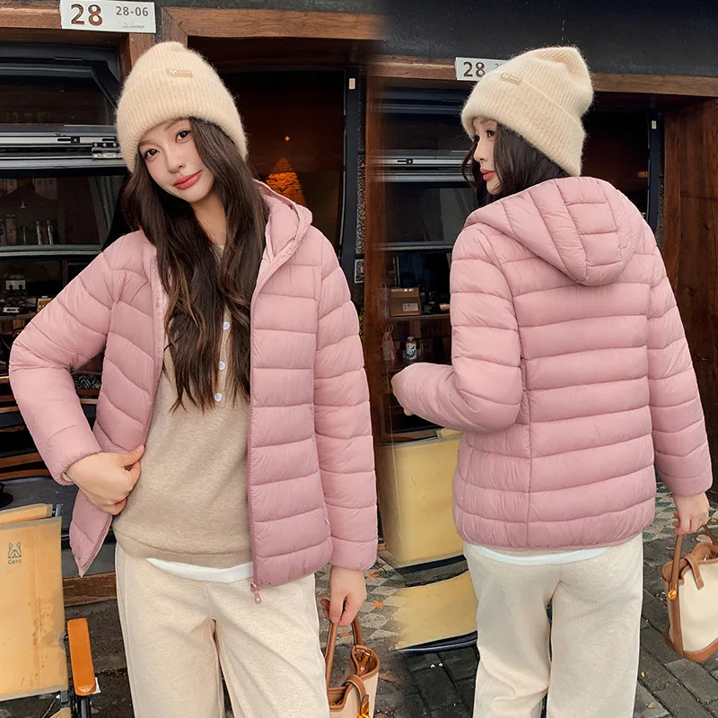 سترة نسائية مبطنة بلون سادة من القطن بسحاب كامل سترة شتوية خفيفة الوزن بغطاء للرأس بسيطة ومتعددة الاستخدامات معطف مبطن من القطن #3