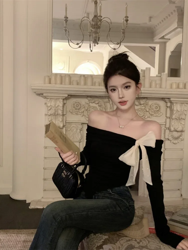 

Милые пуловеры с бантом для женщин, туника с разрезом на шее и длинными рукавами, джемпер Pull Femme, модные красные вязаные свитера, топы Sueter Mujer