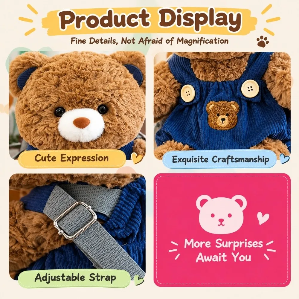 Furry Teddy Bear Backpack Lightweight Portable Panda Storage Pouch Versatile Adjustable Straps Stuffed Toy Bag