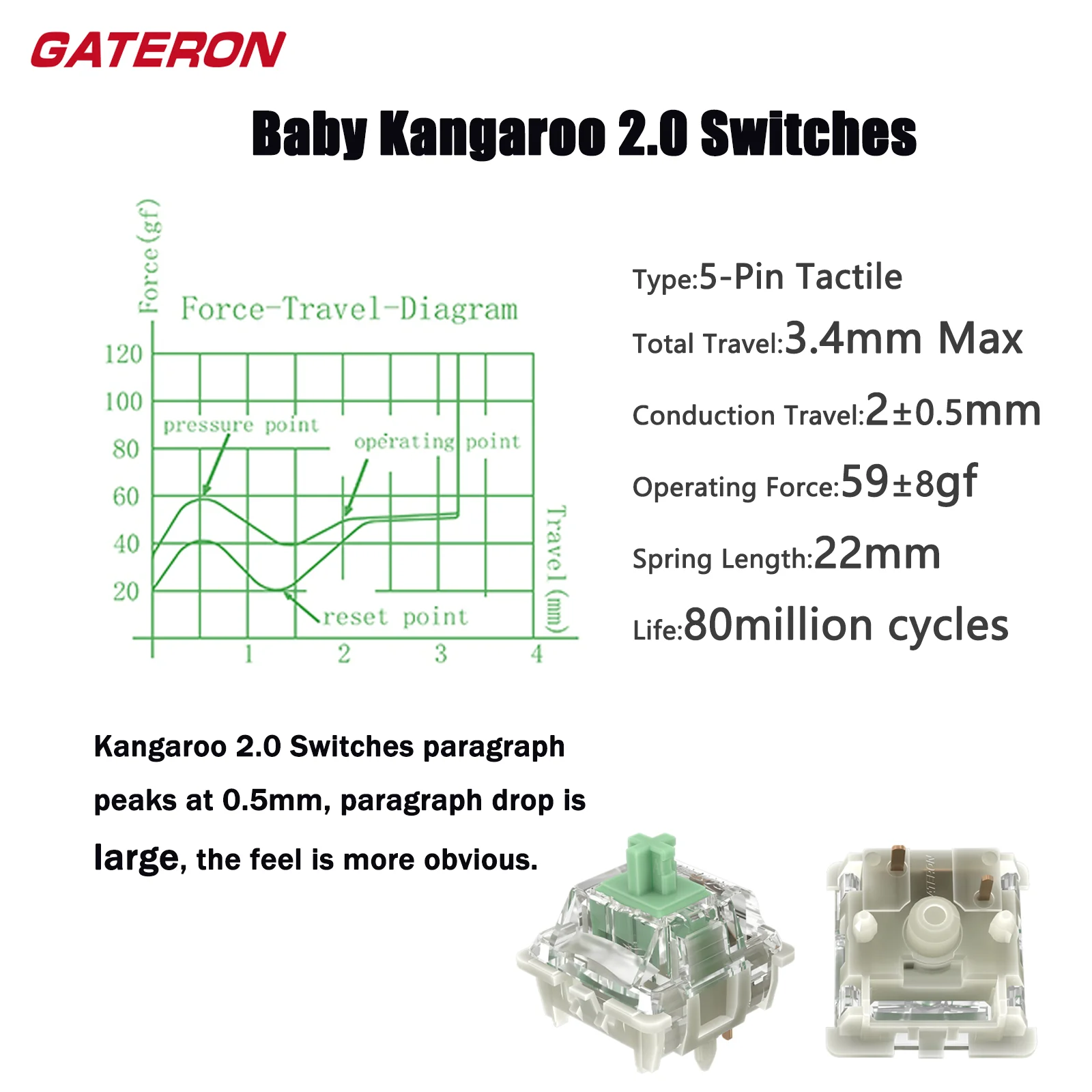GATERON Baby Kangaroo 2.0 Switches for MX Mechanical Keyboard, 5Pin 59gf Heavy Tactile RGB 22mm Dual-Stage Spring Factory Switch