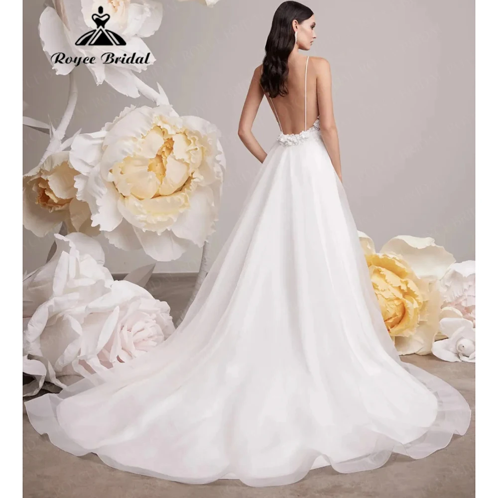 Roycebridal Sexy V Neck Lace Applique A Line Wedding Dress Spaghetti Strap Side Slit 2025 Customized Bridal Party Gowns Vestidos