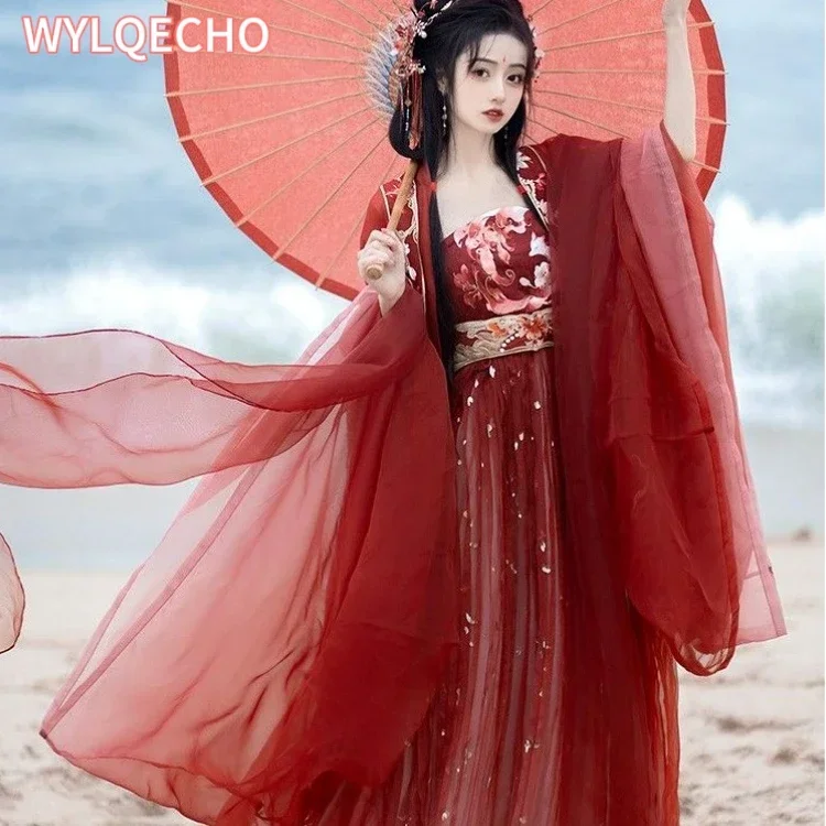 Hanfu Tang Dynasty Retro ชุดสีแดงเสื้อแขนใหญ่ปักลายกระโปรง Hezi ฤดูใบไม้ผลิและฤดูใบไม้ร่วง