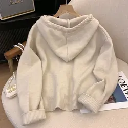 Korean casual drawstring hooded knitted women cardigan autumn/winter retro soft sweater top