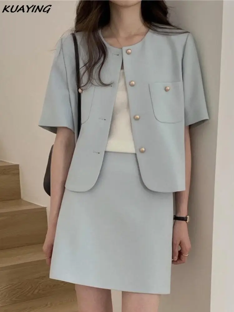 Korean Solid Skirt Suits Short Sleeve Single Breasted Blazer Short Jacket Straight Mini Skirt Womens Two Pieces Set New Outfits
