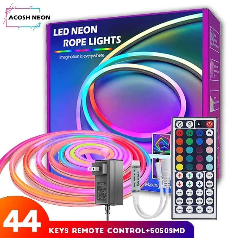 Neon LED Light Strip para quarto, Luzes RGB para banheiro, Iluminação com controle remoto, Decoração da sala de jogos, 10m