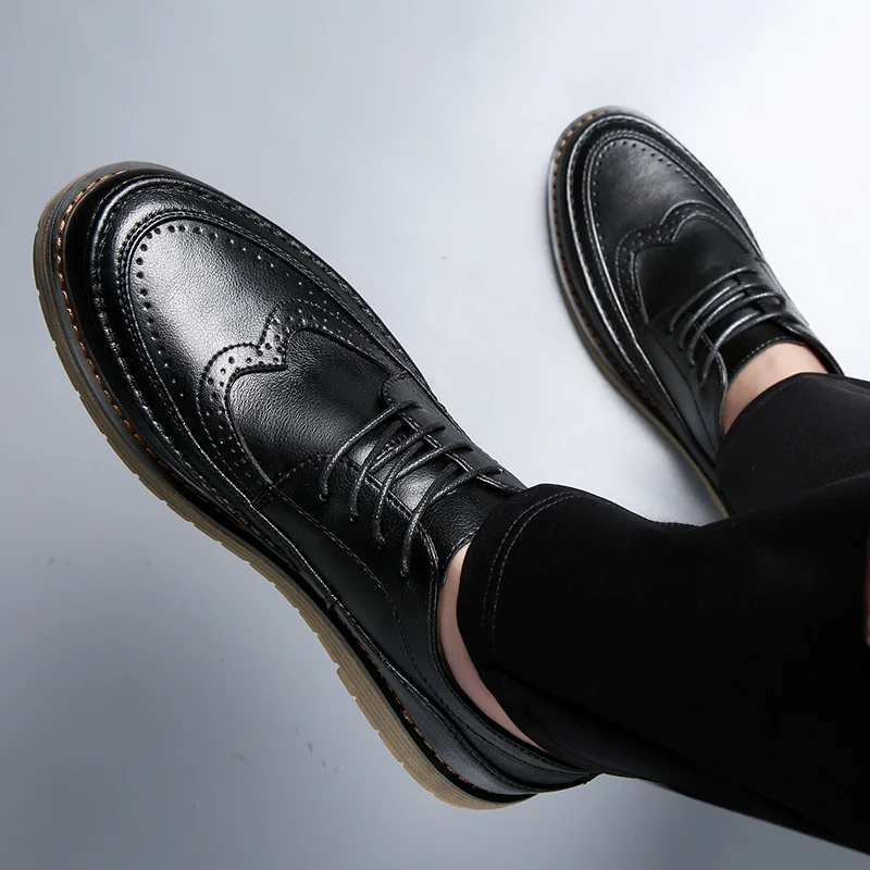 Men Black Wedding Leather Business Men Dress Round Toe Casual Youth British Style Inner Heightening Spring 2023New Arrivals Shoe