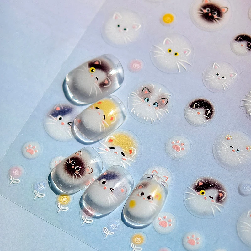 Weiße Kitty Stern Fisch Ente Biene Cartoon niedlichen Katze Klaue Herz weich geprägte Reliefs selbst klebende Nail Art Aufkleber Maniküre Aufkleber