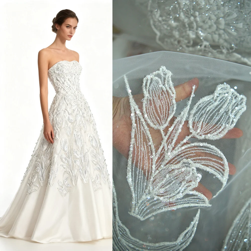 2025 new high-end lace fabric - laser-embroidered tulip heavy-weight bead tube embroidery net fabric  for weddings and