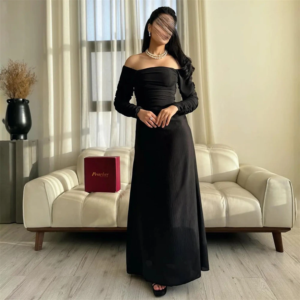 

Tarot Simple Saudi Arabia Off Shoulder Prom Dresses A Line Long Sleeves Elegant Party Dress Boat-Neck Satin فساتين حفلة موسيقية