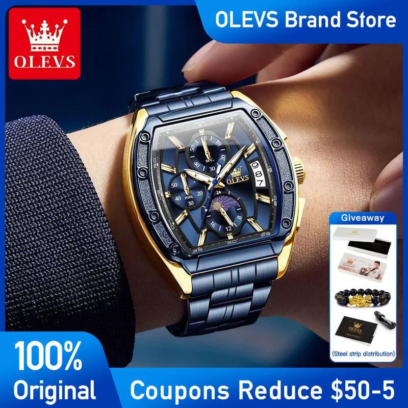 

OLEVS 3661 Mens Watch Original Quartz Watch Waterproof Luminous Stainless Steel Moon Phase Barrel-shaped Men's wristwatch