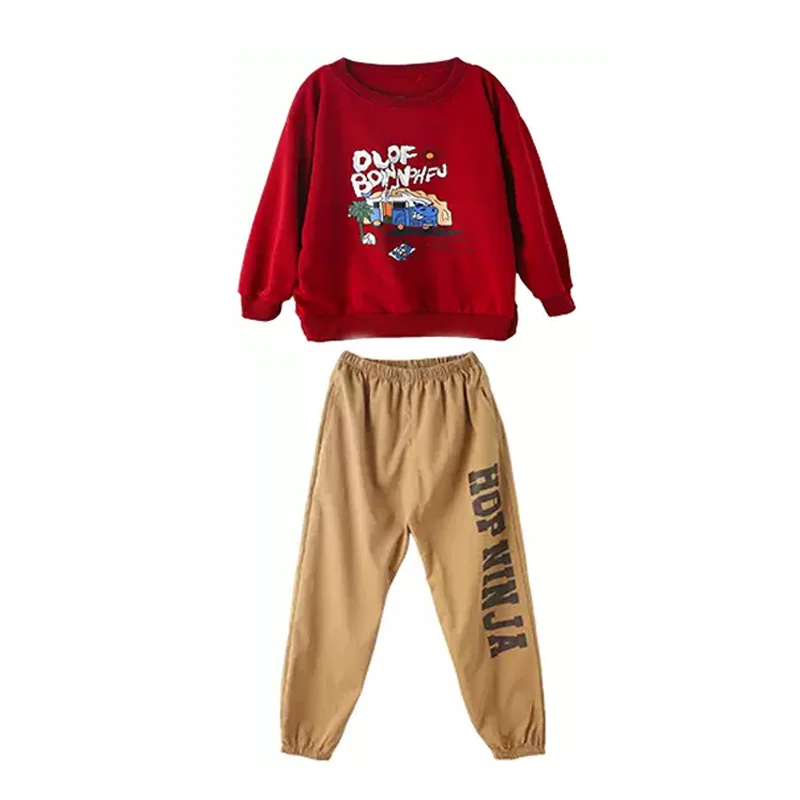 Top de moletom infantil Hip Hop estampado, calça casual street jogger cáqui, traje de dança jazz menina e menino, conjunto de roupas