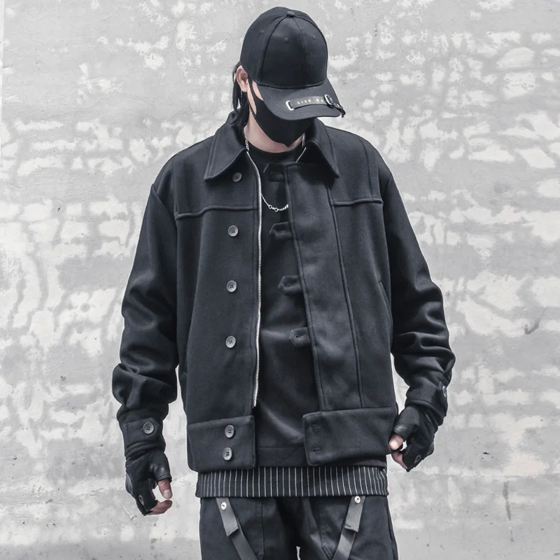 Trendy Men's Dark Functional Loose Jacket Autumn And Winter New Lapel Black Ruffian Handsome High Street Trend Work Coat