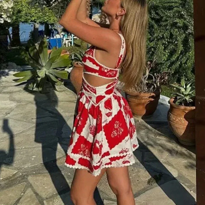 Summer Women Dresses  Patchwork Bright Line Decoration Sleeveless Sweetheart Neck Cut-Out Bohemian Chic Dresses