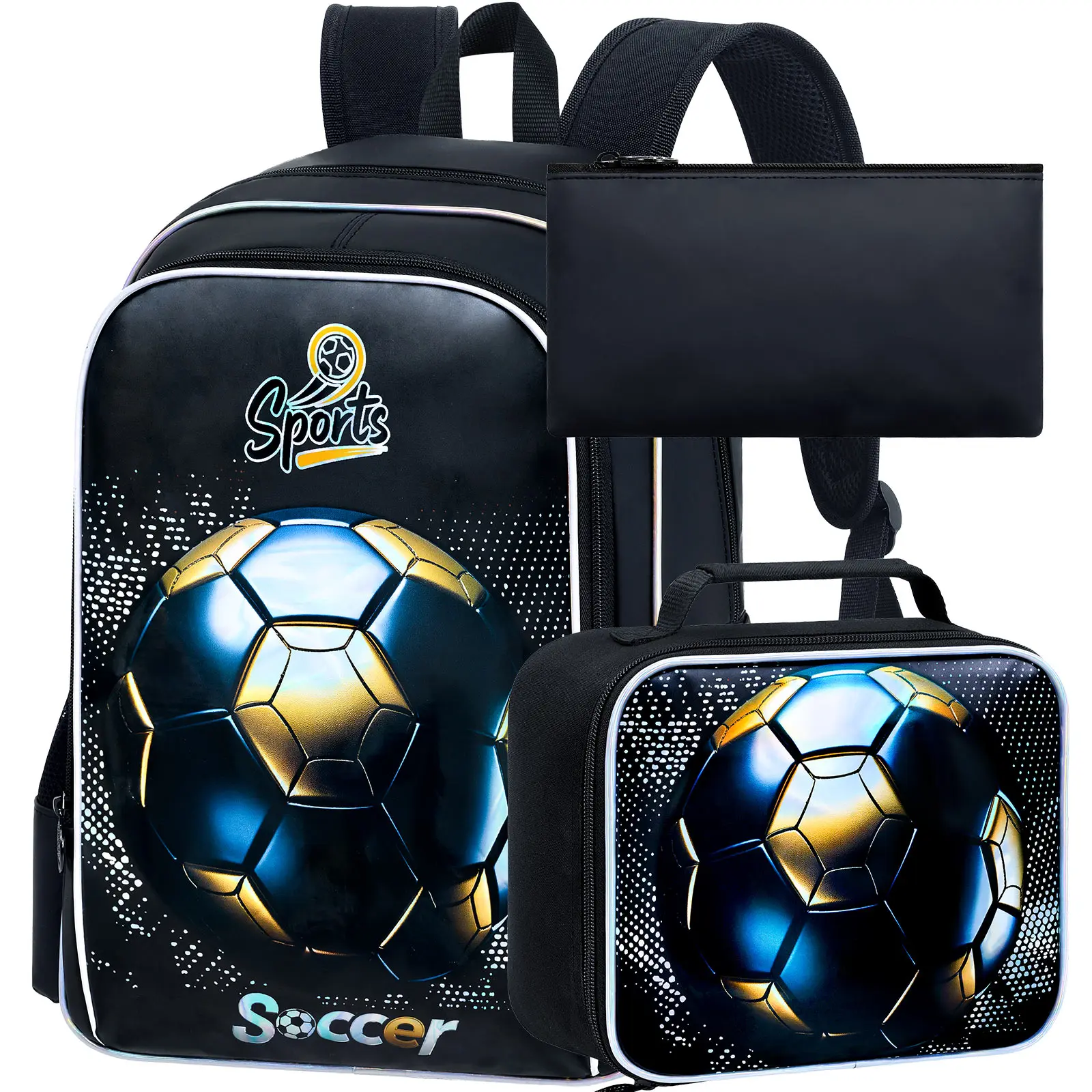 

3PCS Boys Soccer Backpack, Kids Bookbag with Lunch Box, 17" School Bag for Teenagers Elementary Middle