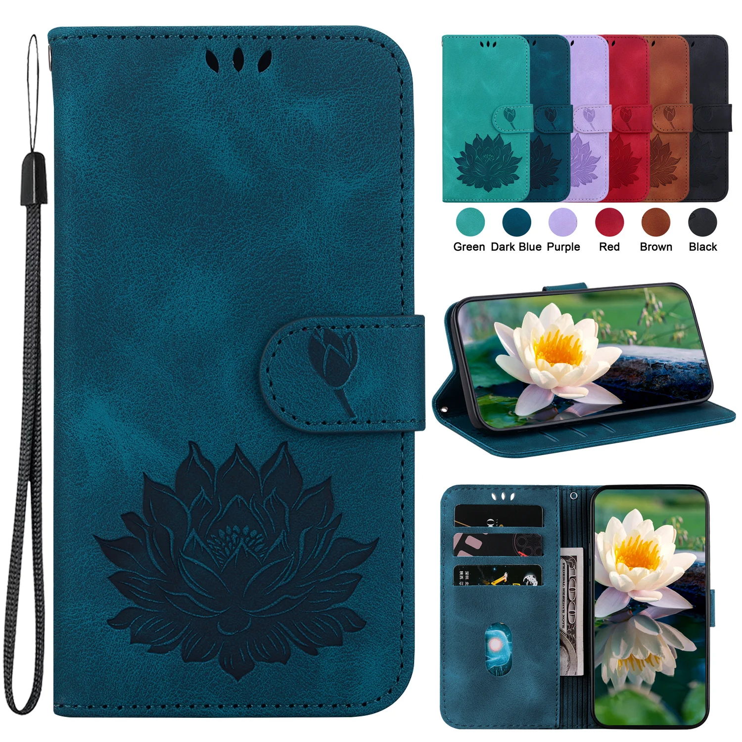 Wallet Phone Case for Realme Narzo 60 Pro 60X N53 N55 50 50A 50i Prime Note 70T 60 Neo 7 SE Leather Flip Cover with Lotus Design