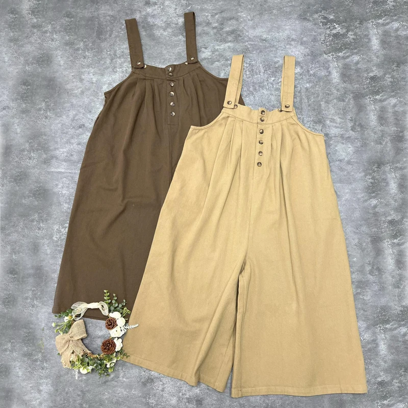 Johnature jumpsuit wanita Mori Jepang musim gugur baru 2025 jumpsuit Linen katun longgar untuk wanita bodysuit Vintage longgar tanpa lengan kasual