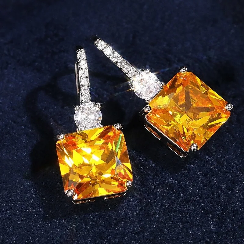 New European and American Luxury Ice Flower Yellow Diamond Earrings Fashionable and Versatile Micro-encrusted Zircon Ear Hooks