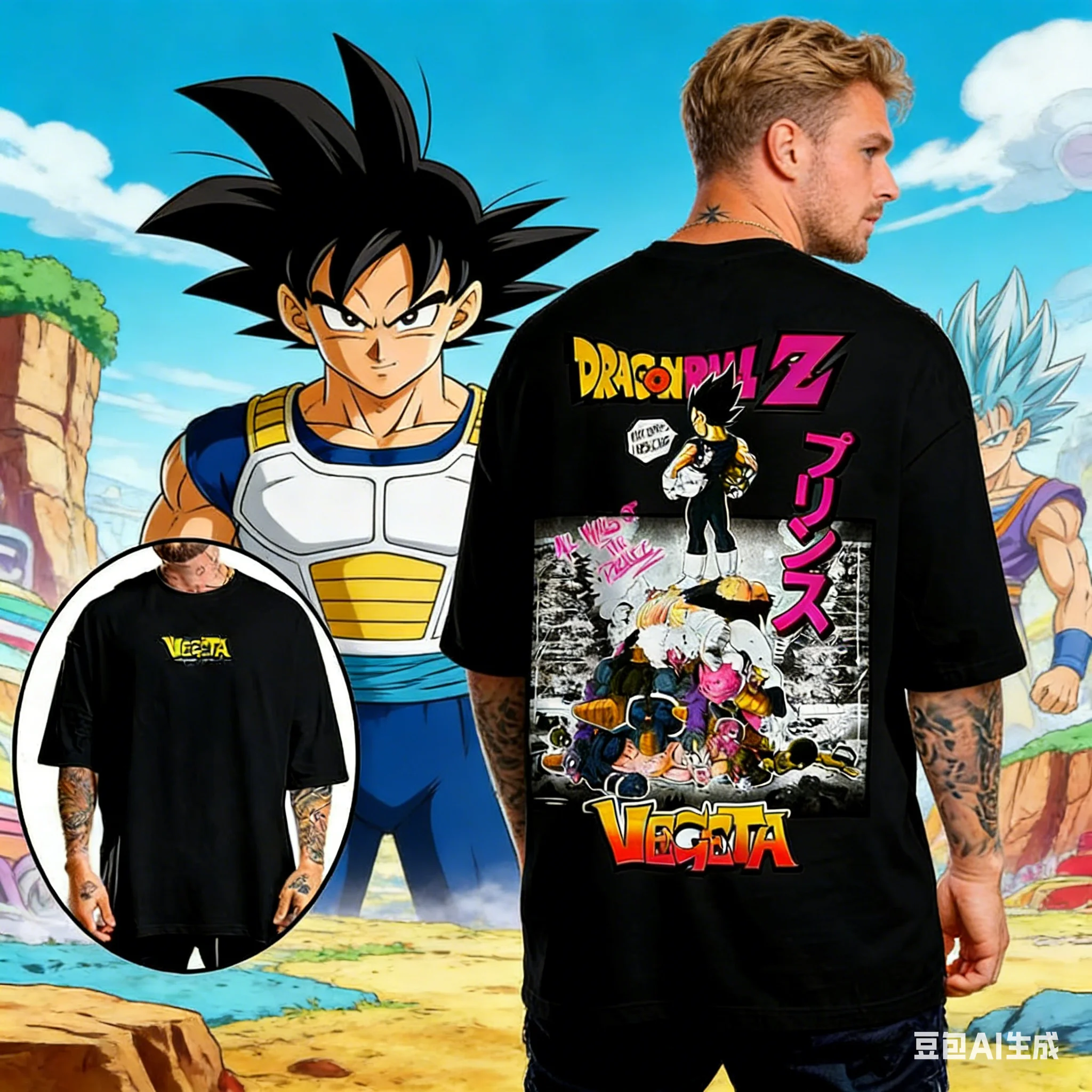 2026 Sommer Dragon Ball Vegeta Graffiti Collage Vintage Anime T-Shirt Herren Reine Baumwolle Lässiges Lockeres Sport-Alltags-Oberteil Y2K-Stil