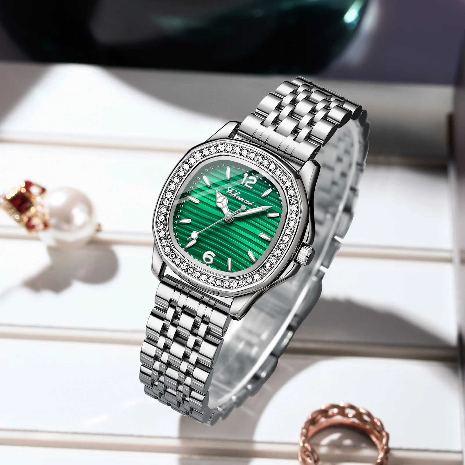 CHENXI Light Luxury Woman Watches Elegant Diamond Square Dial Ladies Business Wristwatch Waterproof Luminous Solid Steel Band