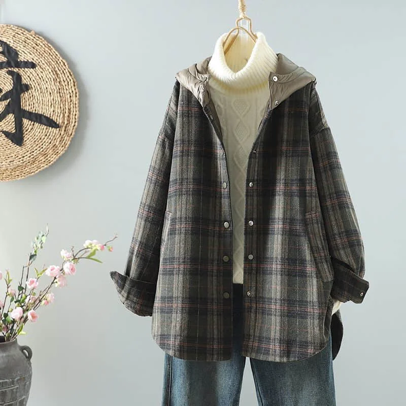 

Plaid Coats for Women Vintage Autumn Hooded Cardigans Long Sleeve Plush Jackets Casual Mid-length Korean Style Women Clothing
