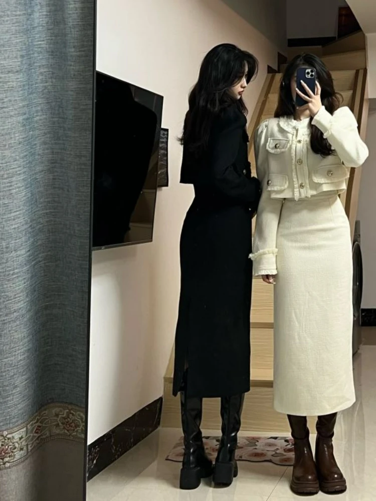Insozkdg Office Lady Skirt Suit 2022 New Tweed Two Piece Outfits Women Long Sleeve Coat+High Waist Pencil Set 2