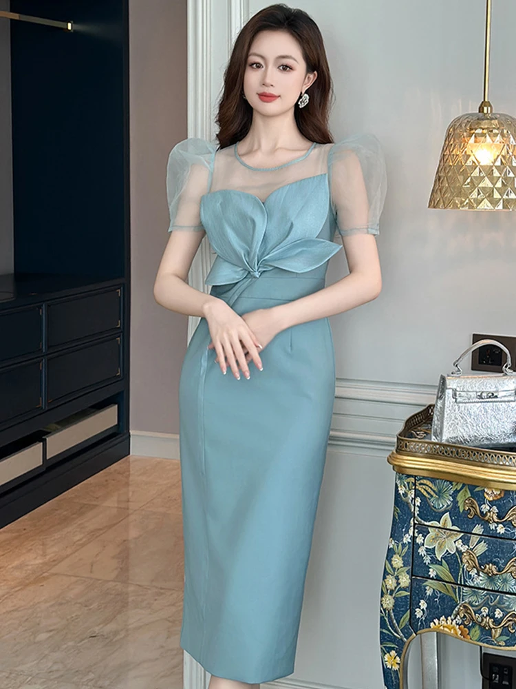 Vestidos de festa formais elegantes franceses para mulheres, requintado, socialite, pétala, malha transparente, manga bolha, midi, robe, data de casamento