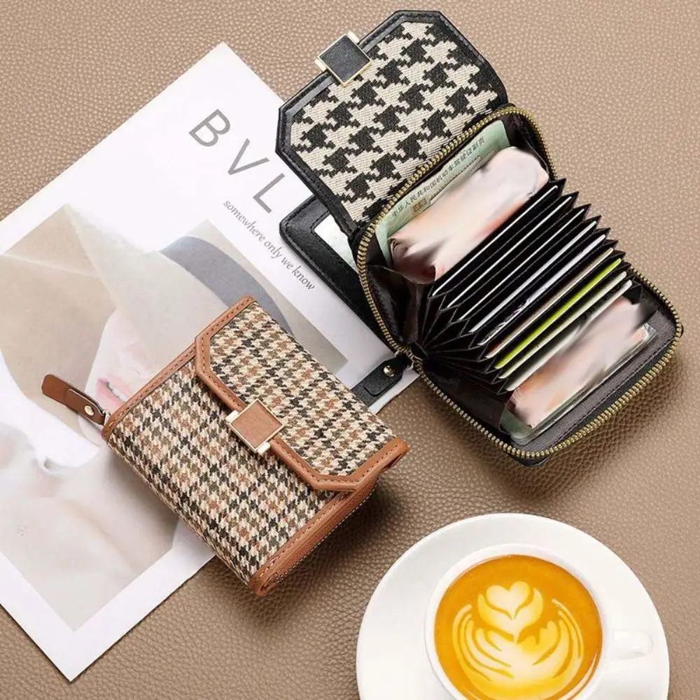 Multi-card Slot 2 w 1 Card Bag PU Leather Card Pocket Houndstooth Short Wallet Korean Style Card Holder Zipper Coin Purse Women