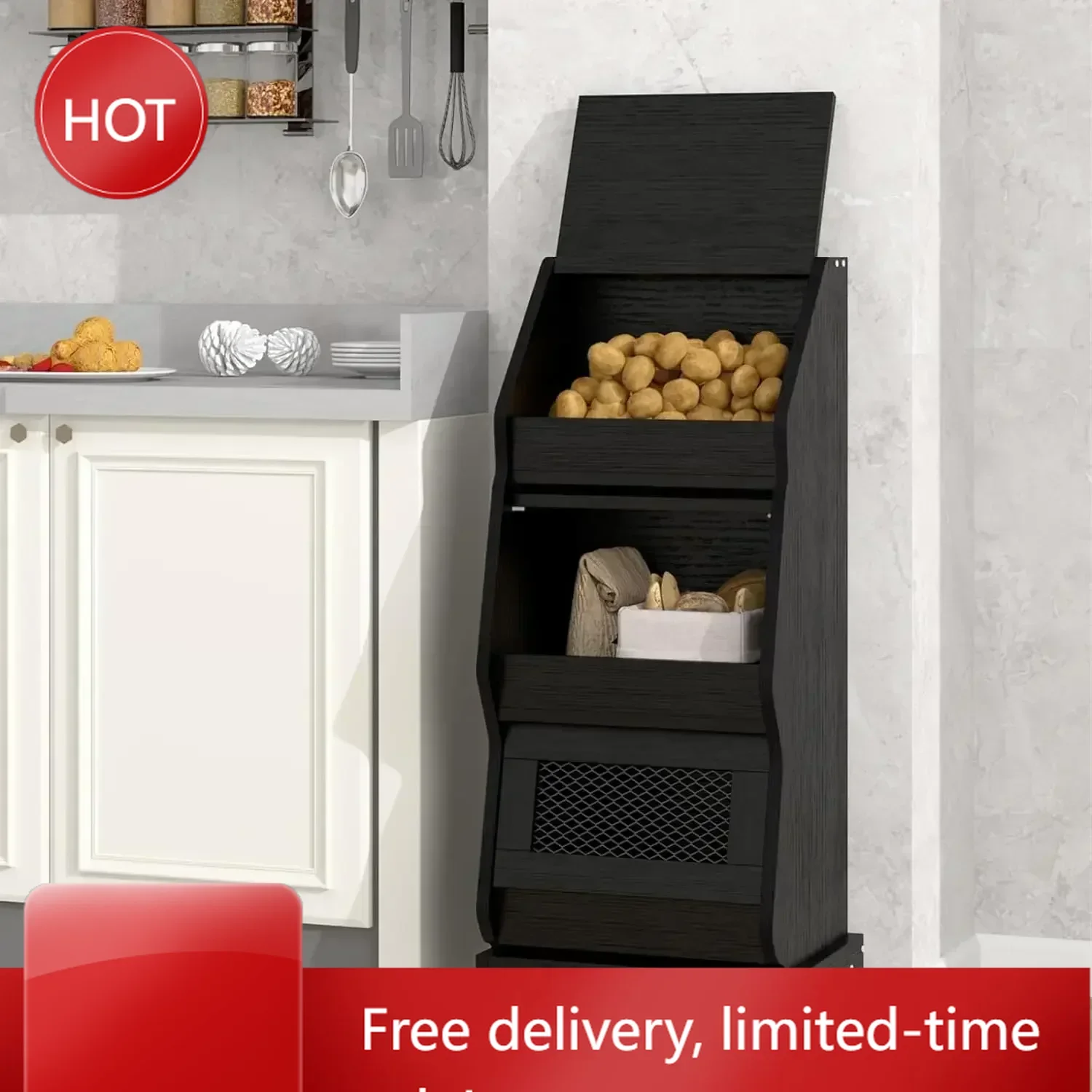 

Time-limited[XMSJ]Potato and Onion Storage Bin with Wheels Black Set of 2 Movable Bread Box with Lid Onion Organizer with Grocer