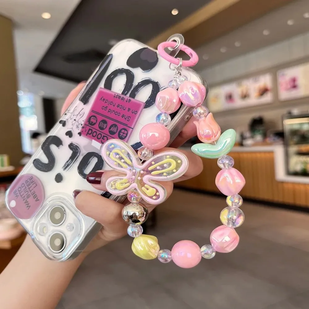 Durable Tulip Phone Charm Strap Graffiti Butterfly Acrylic Purse Bag Pendant Phone Lanyard