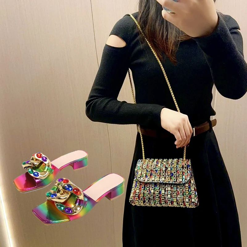 New Plus Size Sandals For Women With Colorful Metal Rhinestone Square Toe High-heeled Shoes Colorful Rhinestone Dinner Bag Set