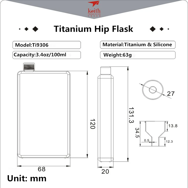 Reisflesje voor vrije tijd, draagbare titanium whisky-alcoholfles, flagon, kleine mini flesje voor mannen, 100ml, Keith Ti9306