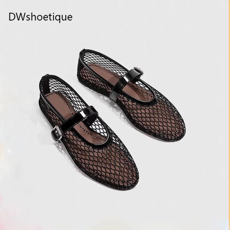 New Fashion mesh women ballet falts round toe buckle strap pumps