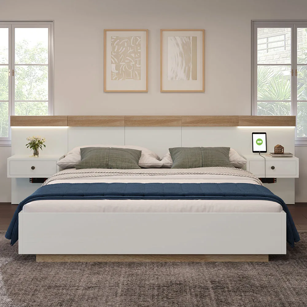 KOMHTOM Lit double avec 2 commodes de nuit LED et prise USB-C, lit en bois 180x200 cm inclus (sans matelas)