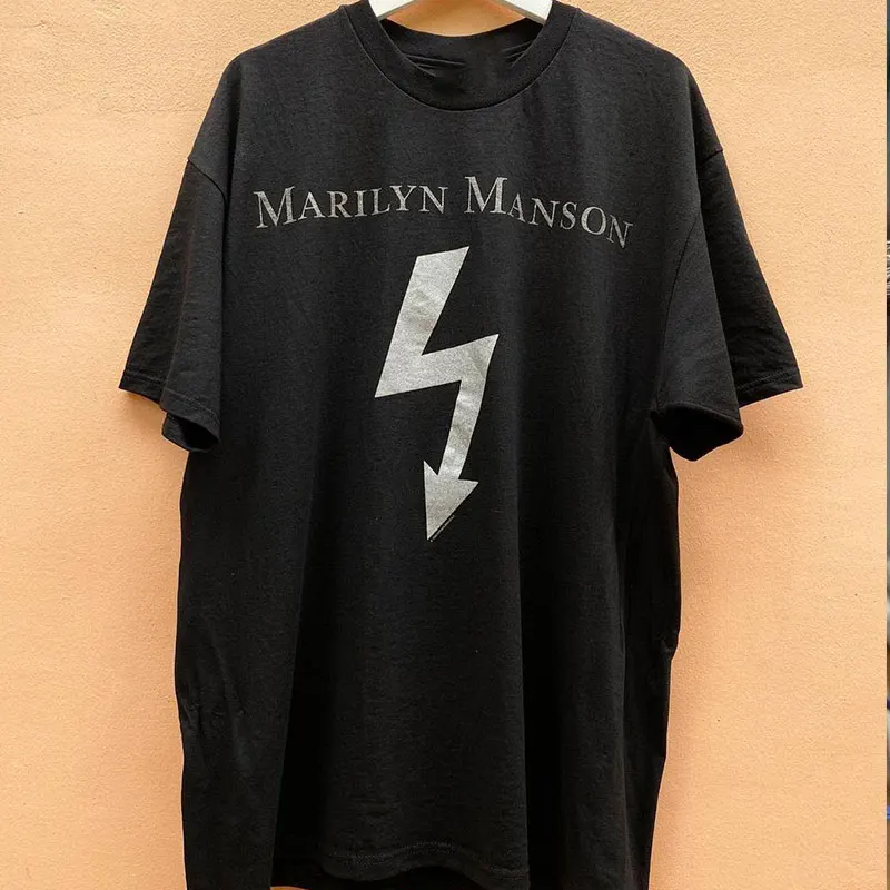 Camiseta Marilyn Manson American High Street com Estampa de Raios, Manga Curta, Algodão Pesado 250g, Caimento Solto, Popular ...