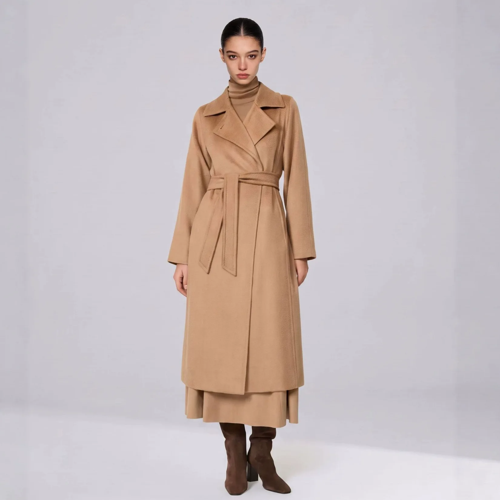 Water Ripple Wool Coat, Wool Blend Notched Lapel Suit Collar, Slim Fit Mid-Length Classic Camel Belted Outerwear