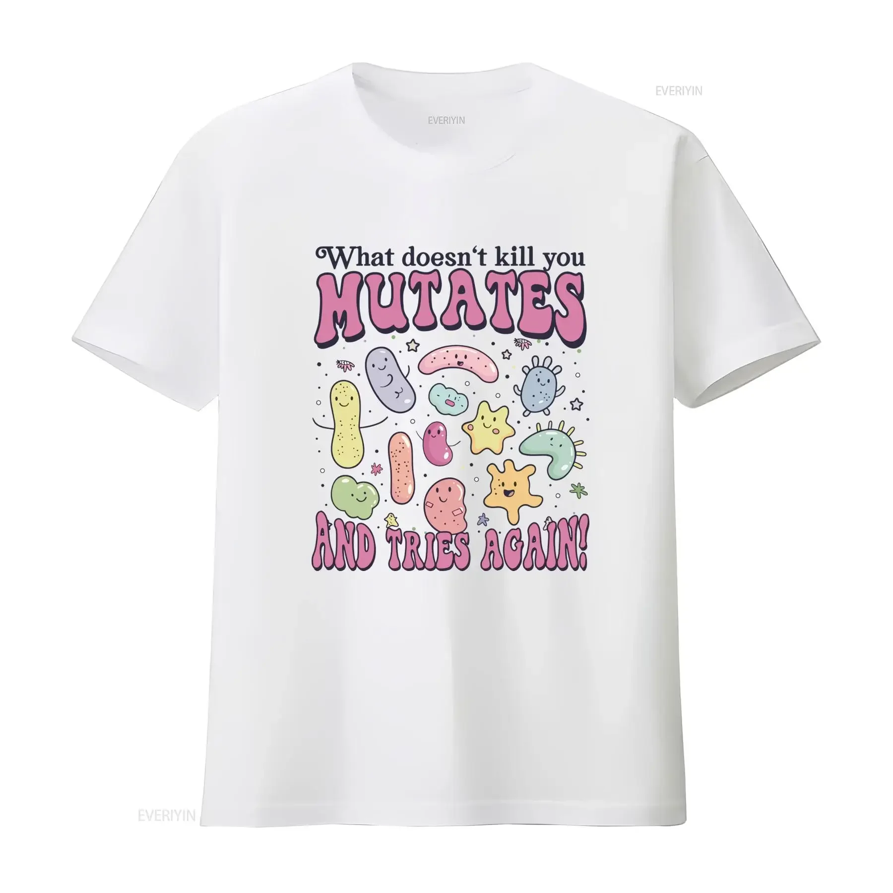Funny Cute Cartoon Microbiology Bacteria Mutate Slogan Print Casual T Shirt vintage Washed Versatile homme Slightly