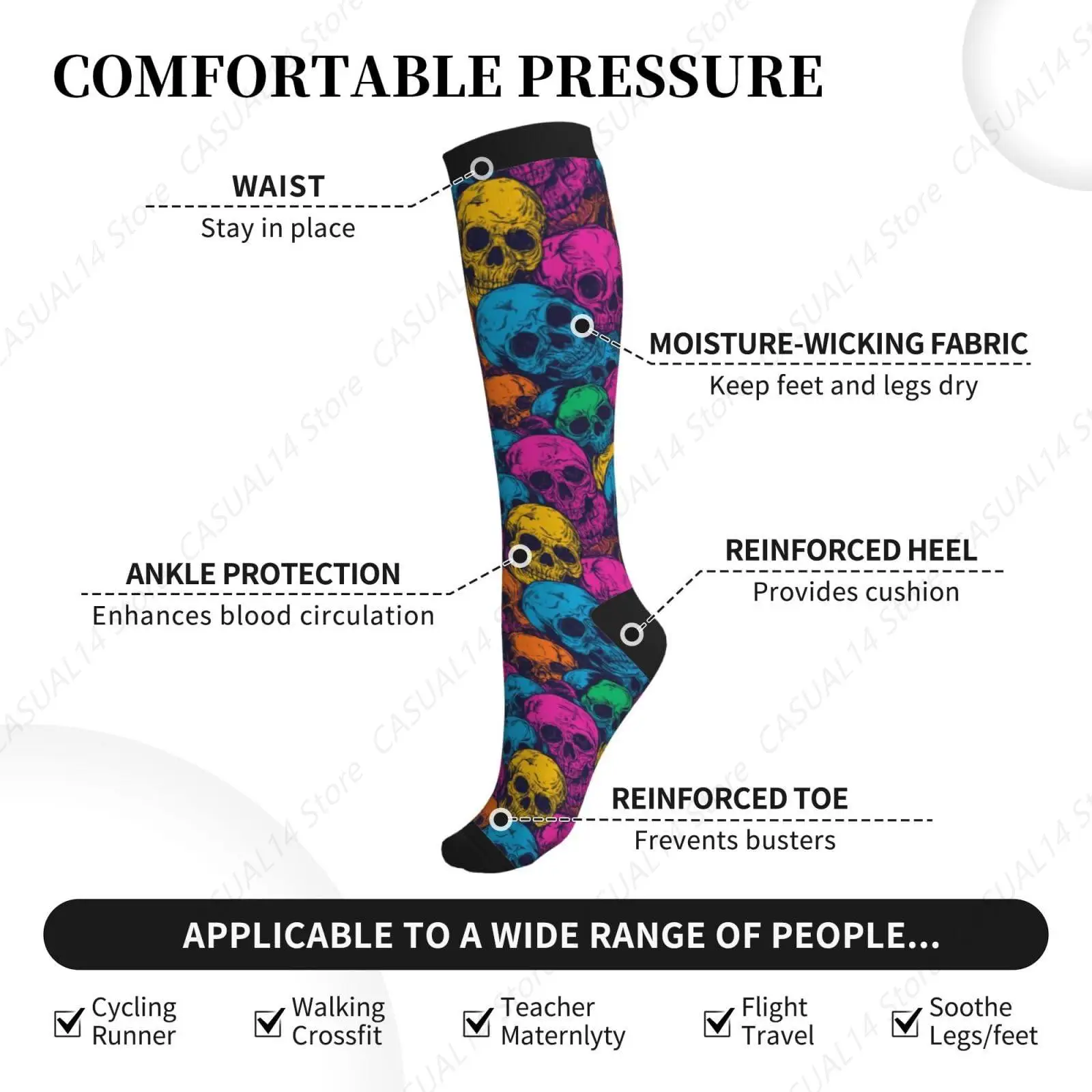 Skull Compression Socks Calf Knee High Support Socks Novelty For Women Men Athletic Running Hiking Nurse