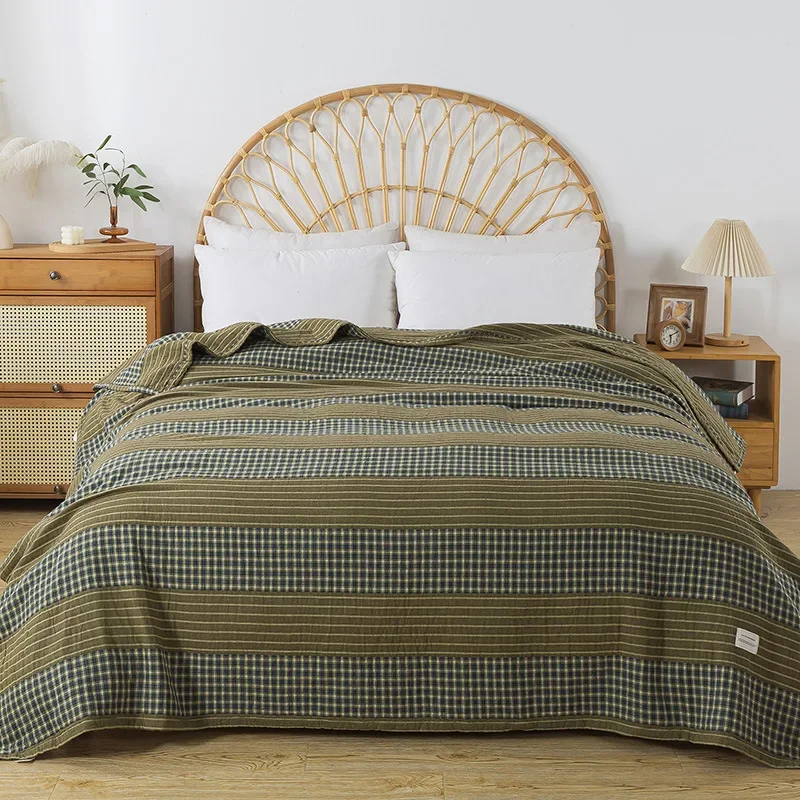Pure Cotton Coverlet Modern Simple Muslin Gauze Throw Blanket Striped Joint Plaid Double Bedspread Summer Cooling Quilts