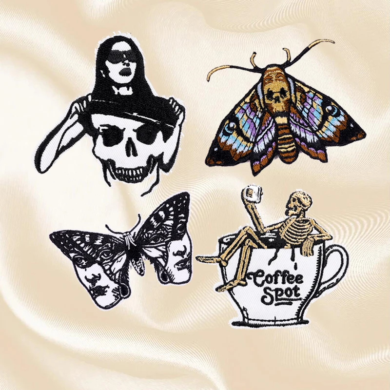 Borboleta ou copo Skull Patch Set, Patches de ferro para roupas, Patches termoadesivos em roupas, carta autocolante, punk, horror