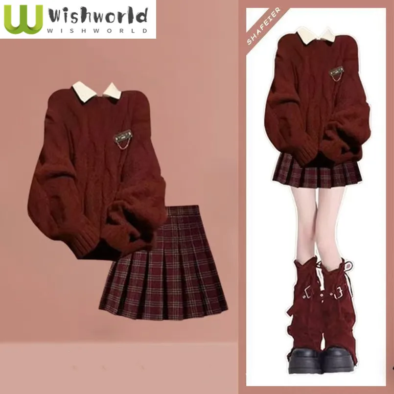 

Autumn and Winter New Korean Knitted Sweater Slimming Shirt Fashionable Pleated Skirt Three Piece Set