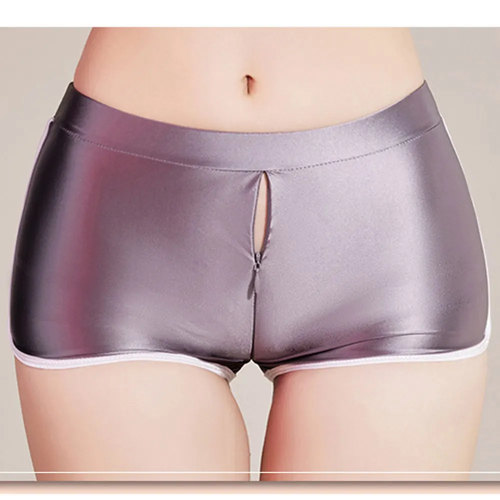 Shiny Glossy Women Boxer Zipper Open Crotch Shorts Push Up Butt High Waisted Control Tummy Sexy Casual Shorts Lift Hip Shapewear