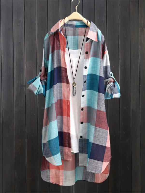 

Linen irt Thin Outerwear Midi Length Loose Butt Covering Front ort Ba Long Sun Protection Bla White Plaid irt