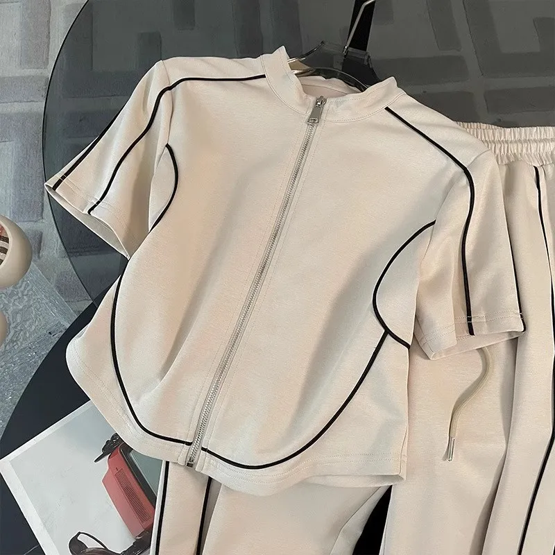 Fashion Sportswear Set for Women's Summer New Style Western-style Age Reducing Korean Casual Wide Leg Pants Two-piece Set