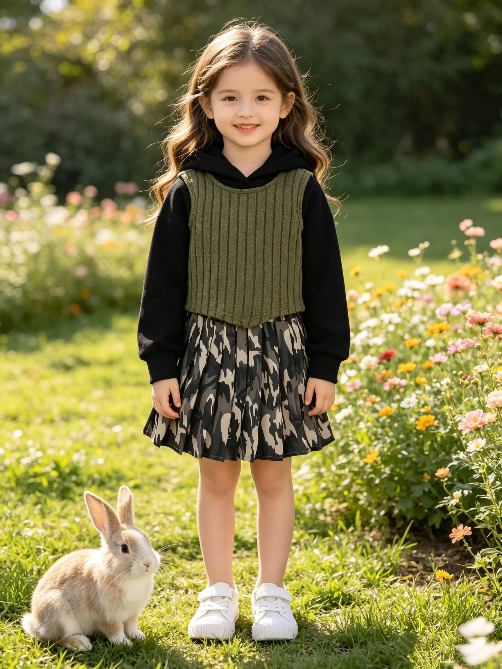 Three Piece Spring And Autumn Style Girls' Sweet Cool American Street Style Hoodie Vest Camouflage Pleated Skirt Set