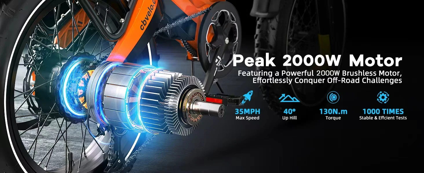Cybervelo 20” Fat Tire 2000W Peak Motor Luxury Foldable Ebike 48V Removable Battery E Bicycle 35+ MPH 100+Miles Long Range EK6