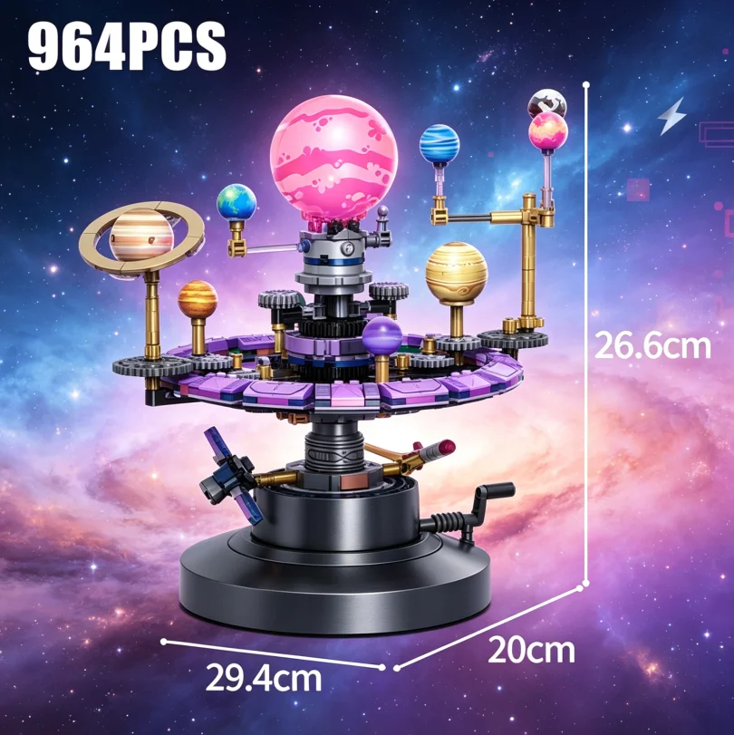 Cosmic Rotating Planet Sculpture DIY Gear Solar Orrery Brick Tabletop Astronomical Ornament Study Room Home Art Decor Gift