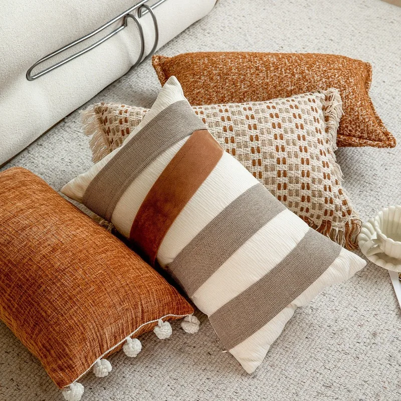 Premium Caramel Brown Cushion Cover Texture Jacquard Woven Chenille Cushion Case 30X50CM Throw Pillow Cover for Sofa Home Decor